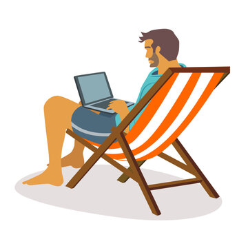 Relaxed Businessman Freelancer in Summer Wear Sitting on Daybed . Working on Laptop. Distant Outsourced Employee, Vacation.