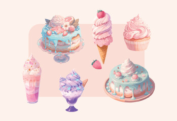 Sweets and chocolates and cupcakes and cakes and ice cream, delicious colorful isolated vector illustrations of food and sweets, bakery desserts