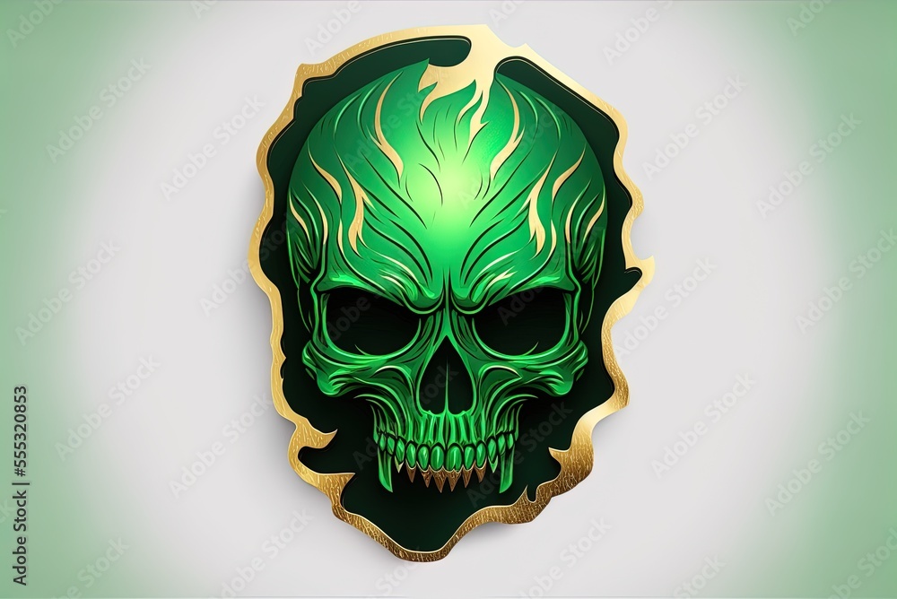 Poster design element with a green skull with gold tooth stickers. generative ai