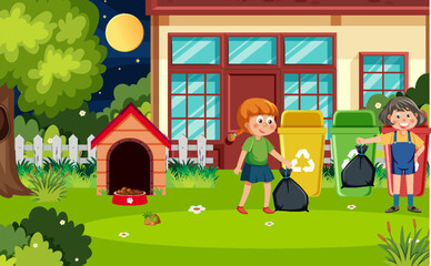 Kids collecting garbage outdoor scene