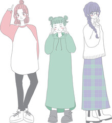 かわいい女性3人の全身イラスト　背景なし