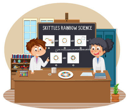 Student explaining skittles rainbow science experiment