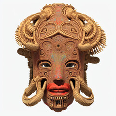 Traditional ancient Aztec Mask. Digital illustration. Generative AI. Isolated on white.