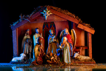 Christmas christian nativity scene. Birth of Jesus in Bethlehem. Biblical scene.