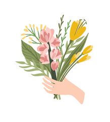 Isolated llustration bouquet of flowers in hand. Vector design concept for Valentines Day and other.