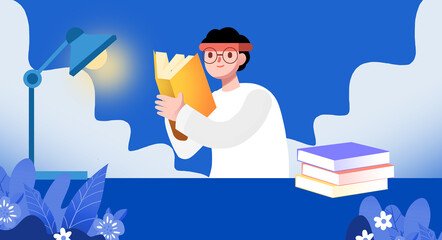 Cartoon hand-painted reading education Illustration for the beginning of school season