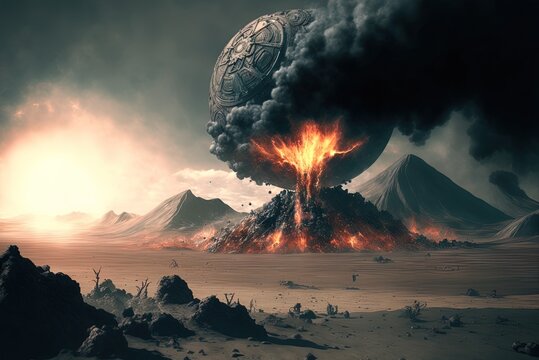 Desaturated Image Of A Desert Planet With Extraterrestrial Objects In The Sky, Including A Volcano Spewing Smoke. Generative AI