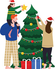 Family Preparing Christmas Tree Vector Illustration