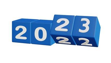 blue 2023 new year, happy new year 3d render of a cube made of cubes 2023 on white, PNG transparent background