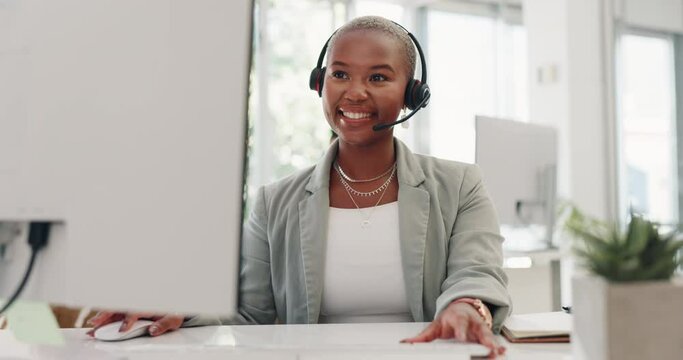 Happy crm, corporate black woman and call center with smile, computer and focus in modern office. Contact us, customer service expert and pc with happiness, vision and telemarketing by desk in London