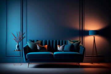 Photo interior of living room with sofa on empty dark blue wall