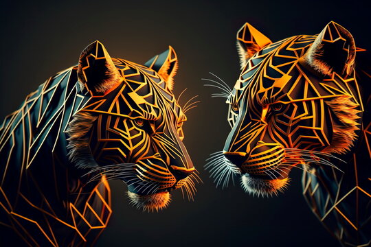 Polygonal heads tiger.Futuristic modern abstract background.
