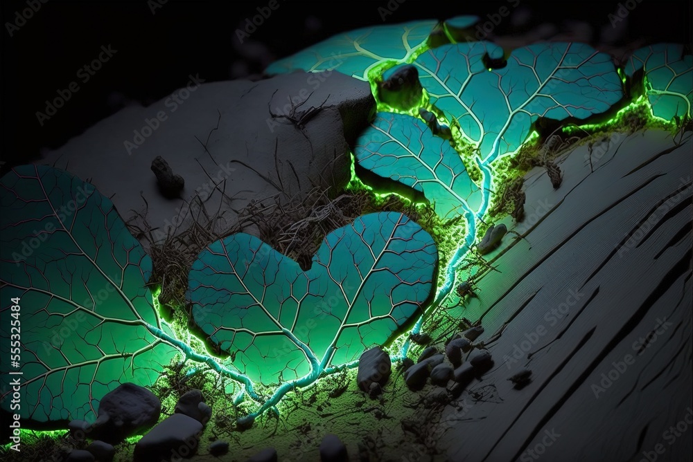 Poster cracks in the earth give forth a magical green glow like a glow worm. generative ai