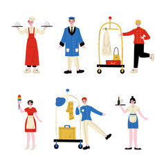 Hotel staff, service workers set. Porter, waitress, maid, chef cook and receptionist in uniform cartoon vector illustration