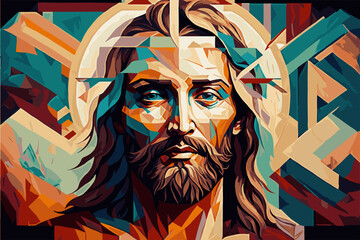 An exquisite, beautiful, colorful drawing of Jesus Christ. For interior design, books, notebooks, t-shirts, posters. - obrazy, fototapety, plakaty