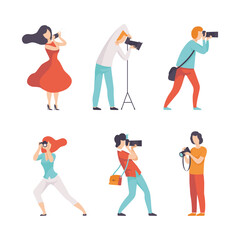 Set of photographers photographing. Female and male characters taking photo with camera flat vector illustratio