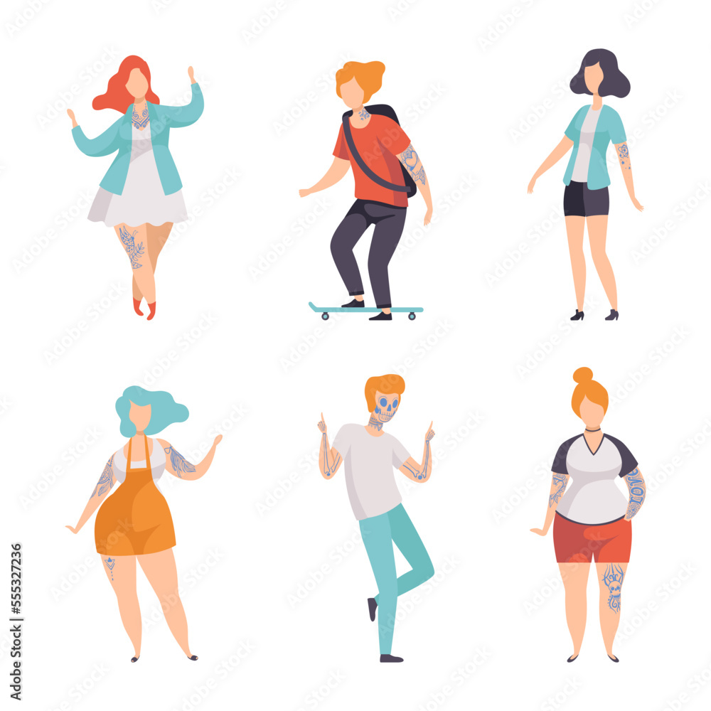 Sticker Tattooed people set. Different young people with tattoos flat vector illustration