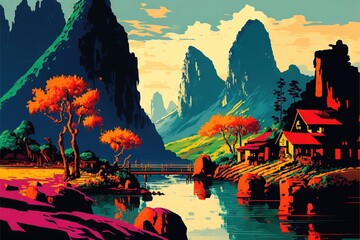 Fototapeta na wymiar landscape china canvas print wall art fauvism