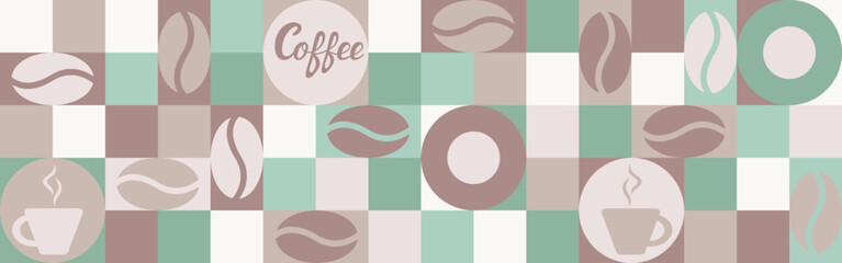 Coffee seamless background for textiles and wallpapers with geometric shapes. Fashionable template for a screensaver in brown tones with a texture of squares and hearts.