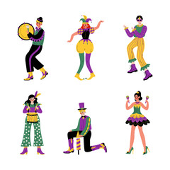 Mardi Gras carnival. Happy people in bright festive costumes set cartoon vector illustration