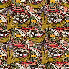 Vector Panasian food seamless pattern. Hand drawn sketch with asian food such as noodles, shrimps, gingers, dumplings, spicy soup.