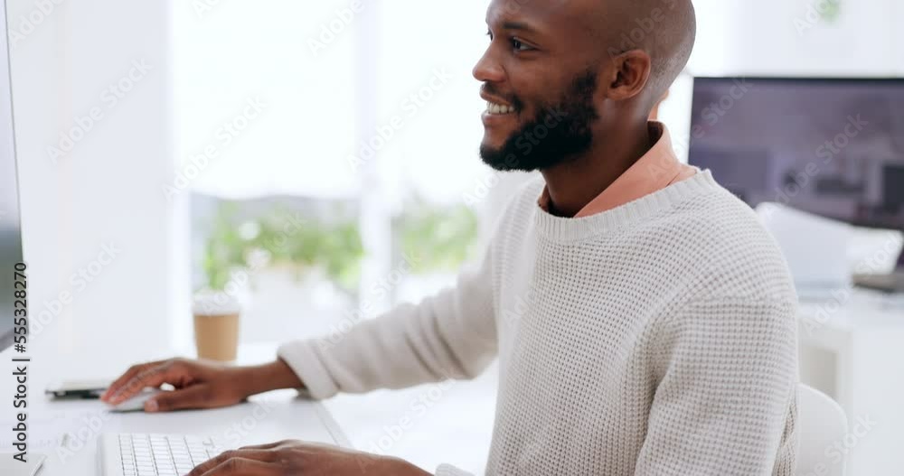Poster black man, teamwork and working on computer in office for metor training, designer collaboration and