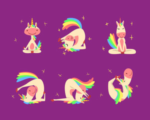 Obraz na płótnie Canvas Funny Unicorn Character with Rainbow Mane and Tail Practicing Yoga Exercises Vector Set