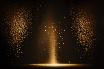 light in the dark, golden confetti rain on festive stage with light beam in the middle, empty room at night mockup with copy space for award ceremony, jubilee, New Year's party or product