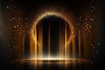 light in the dark, golden confetti rain on festive stage with light beam in the middle, empty room at night mockup with copy space for award ceremony, jubilee, New Year's party or product