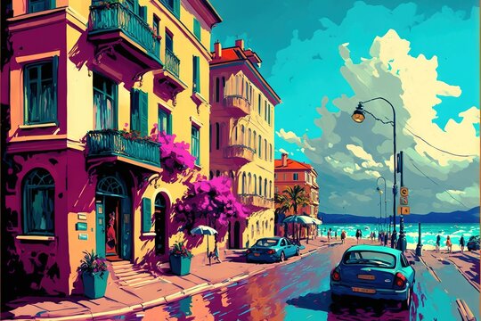 Landscape Canvas Wall Art Print Fauvism Seaside City Street