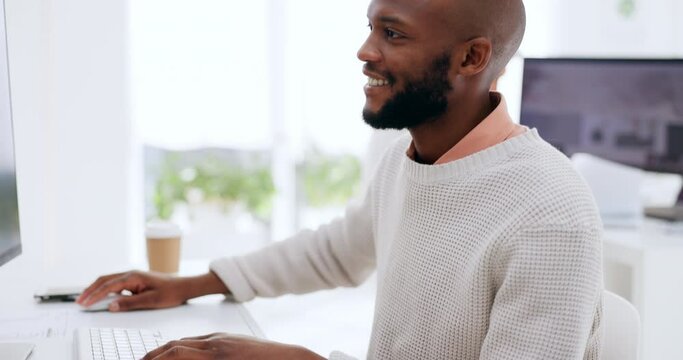 Black man, teamwork and working on computer in office for metor training, designer collaboration and colleagues talking in workplace. African man, creative team and employee conversation with pc