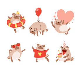 Funny Pug Dog with Curled Tail and Light Brown Coat Engaged in Different Activity Vector Set