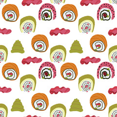 Vector Panasian food seamless pattern with asian food such as japanese sushi, lotus roots, gingers, mushrooms, vegetables, wasabi.