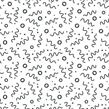 Abstract squiggle pattern background. Fun vector seamless repeat of hand drawn wavy lines and dots in black and white. 