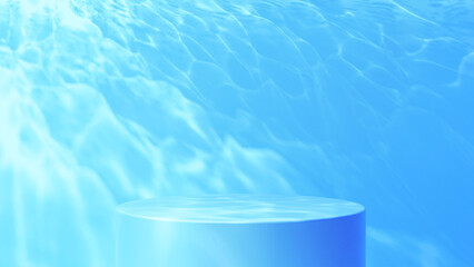 水中に白い円柱の台座。水中の光の反射（横長）