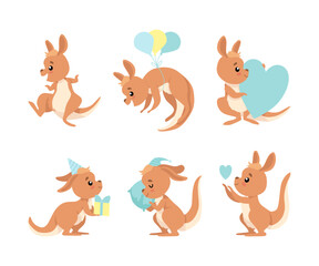 Cute Baby Kangaroo with Blue Heart and Soft Pillow Vector Set