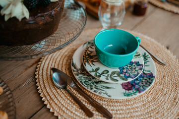 table set with food plates and cutlery