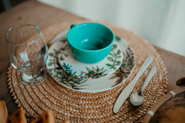 table set with food plates and cutlery