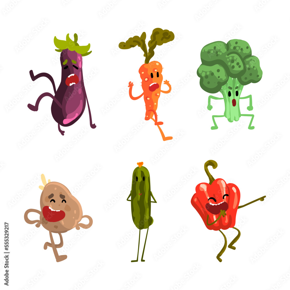 Poster funny humanized vegetables with different face expression vector set