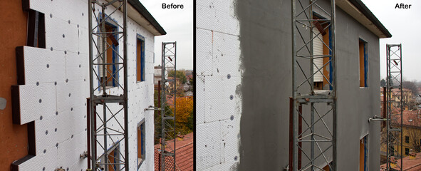Insulating panels of molded expanded polystyrene covered before treatment and painting. Comparison....