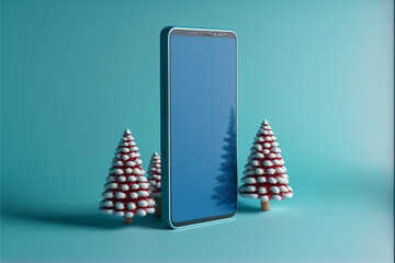 Creative Christmas scene and smartphone with blue background. Online shopping concept.