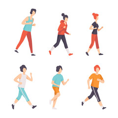 People Running and Jogging Doing Sport and Physical Exercise Training Body and Muscle Vector Set