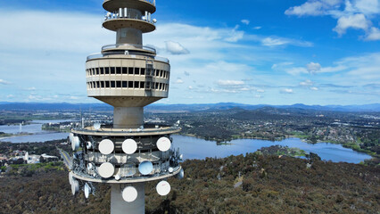 Aerial close-up view of Telstra Tower in Canberra, the capital of Australia showing a beautiful...