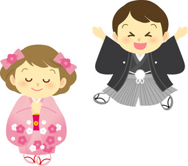 イラスト素材: 着物姿のかわいい人物　主線なし　和装で手足に動きのある男女カップル　セット（透過背景）
