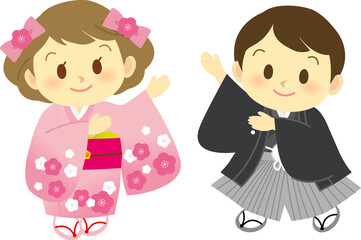 イラスト素材: 着物姿のかわいい人物　主線なし　和装で注目ポーズをする男女カップル（透過背景）
