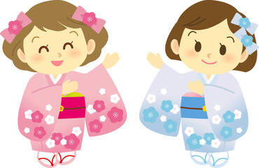 イラスト素材: ニッコリ笑顔の振袖姿な女の子2人の立ち姿　主線なし　セット　ピンク×ブルー（透過背景）
