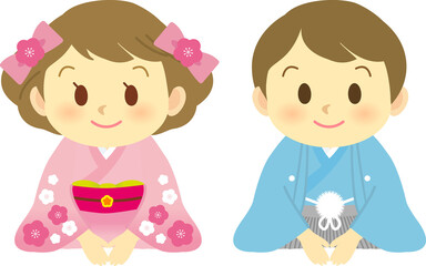 イラスト素材：和装姿の子供の男女が正座で新年のご挨拶をする姿　笑顔セット（透過背景）
