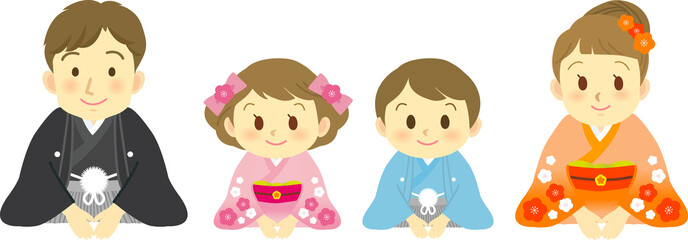 イラスト素材：着物姿の家族4人が新年のご挨拶を正座でする様子　笑顔セット（透過背景）
