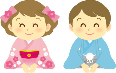 イラスト素材：和装姿の子供の男女が正座で新年のご挨拶をする姿　ニッコリ目セット（透過背景）

