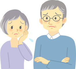 イラスト素材:老夫婦が向かい合って困った表情で思い悩む場面　 腕組みしたおじいさん（透過背景）
